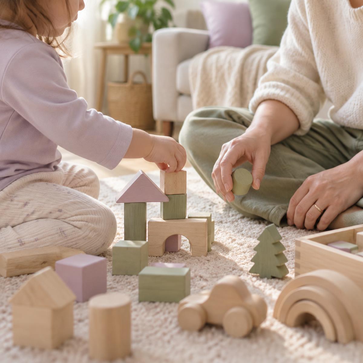 Un adulte et un jeune enfant jouent ensemble avec des cubes en bois, assis sur le tapis du salon.